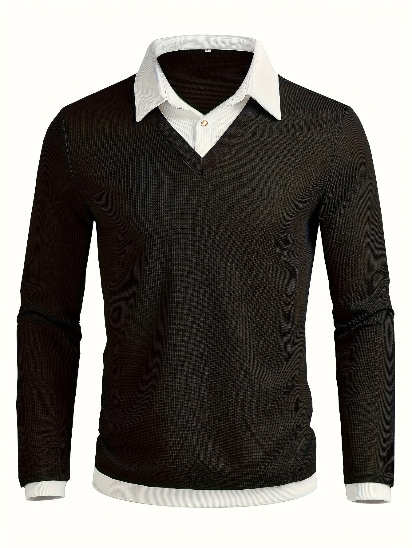 Herren V-Ausschnitt Langarmshirt Schwarz mit Kragenoptik