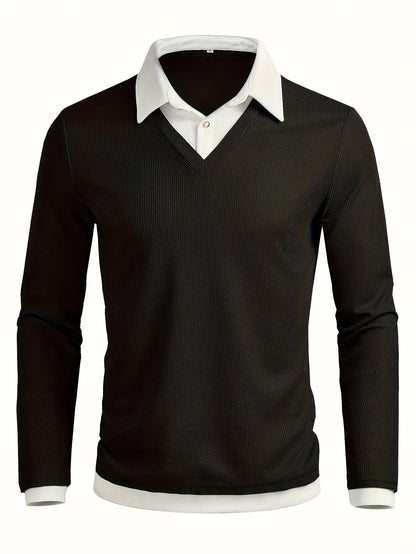 Herren V-Ausschnitt Langarmshirt Schwarz mit Kragenoptik