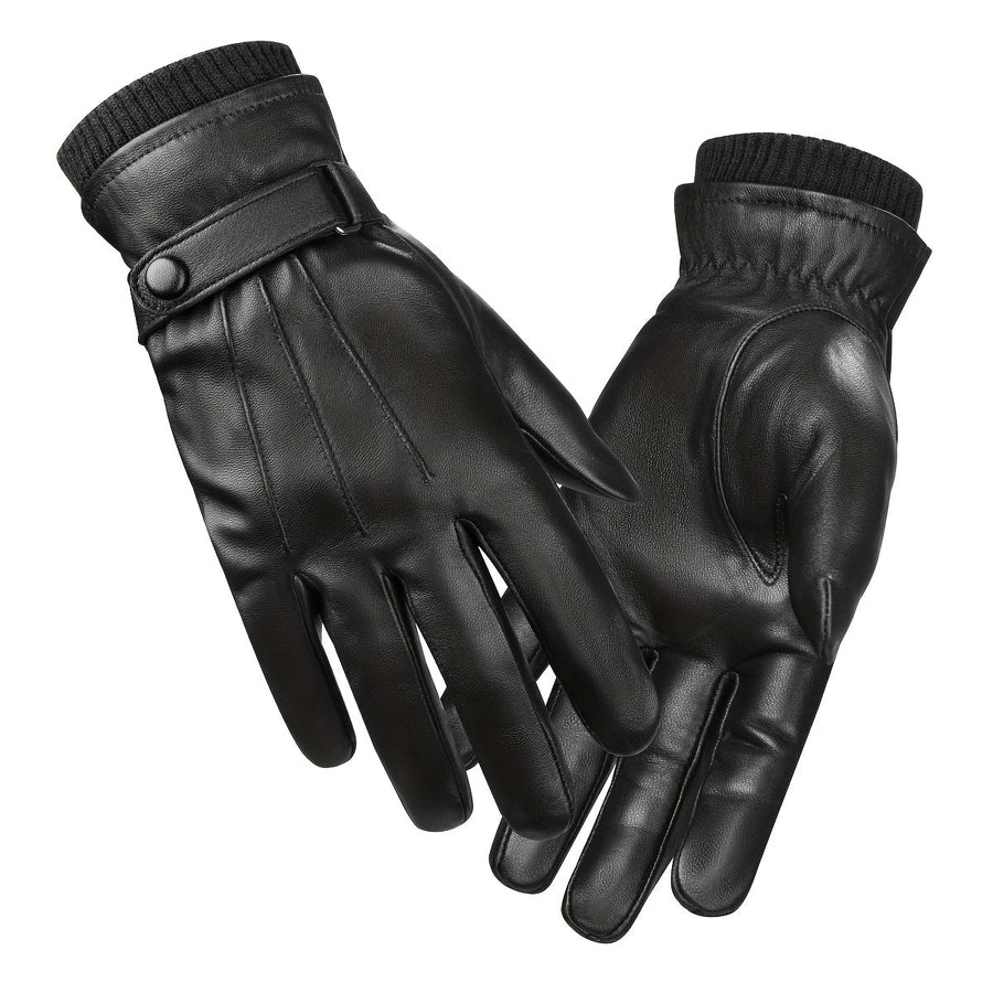 Schwarze Handschuhe mit Strickbündchen und Riemenverschluss