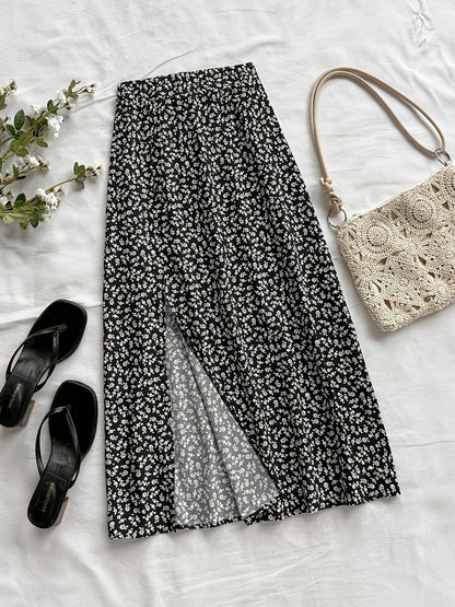Damen Midi-Rock mit Blumenmuster und Schlitz – Eleganter Freizeitrock für Alltag & Ausgehen