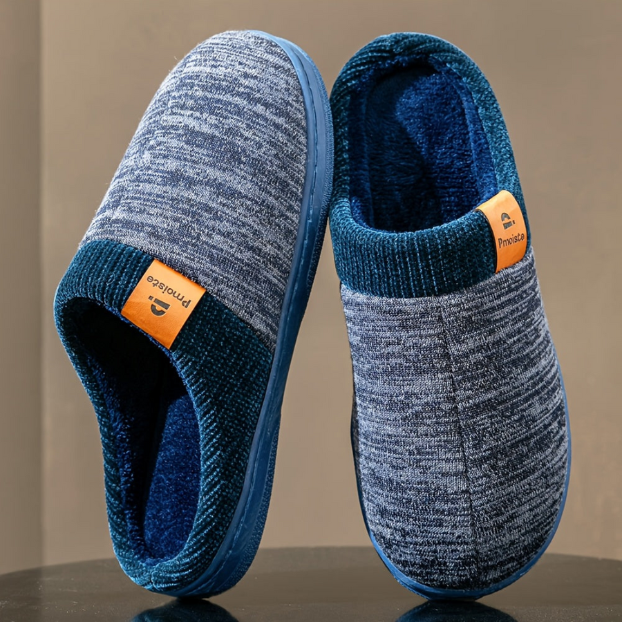 Unisex Hausschuhe Slipper Gemütlich Gefüttert Strickmuster Blau Grau