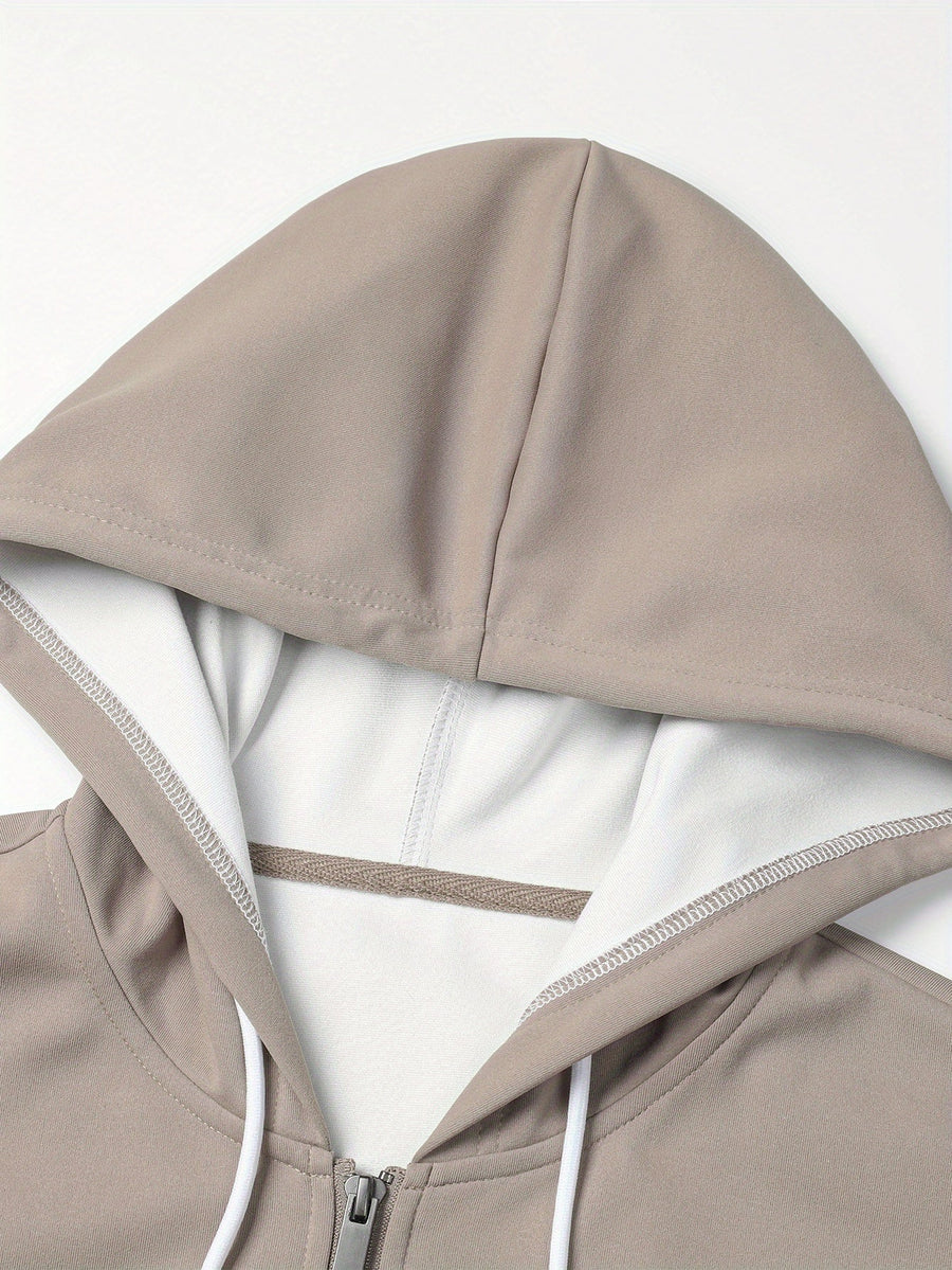 Herren Kapuzenjacke mit Reißverschluss, Color-Block, Rippbündchen, Khaki-Schwarz