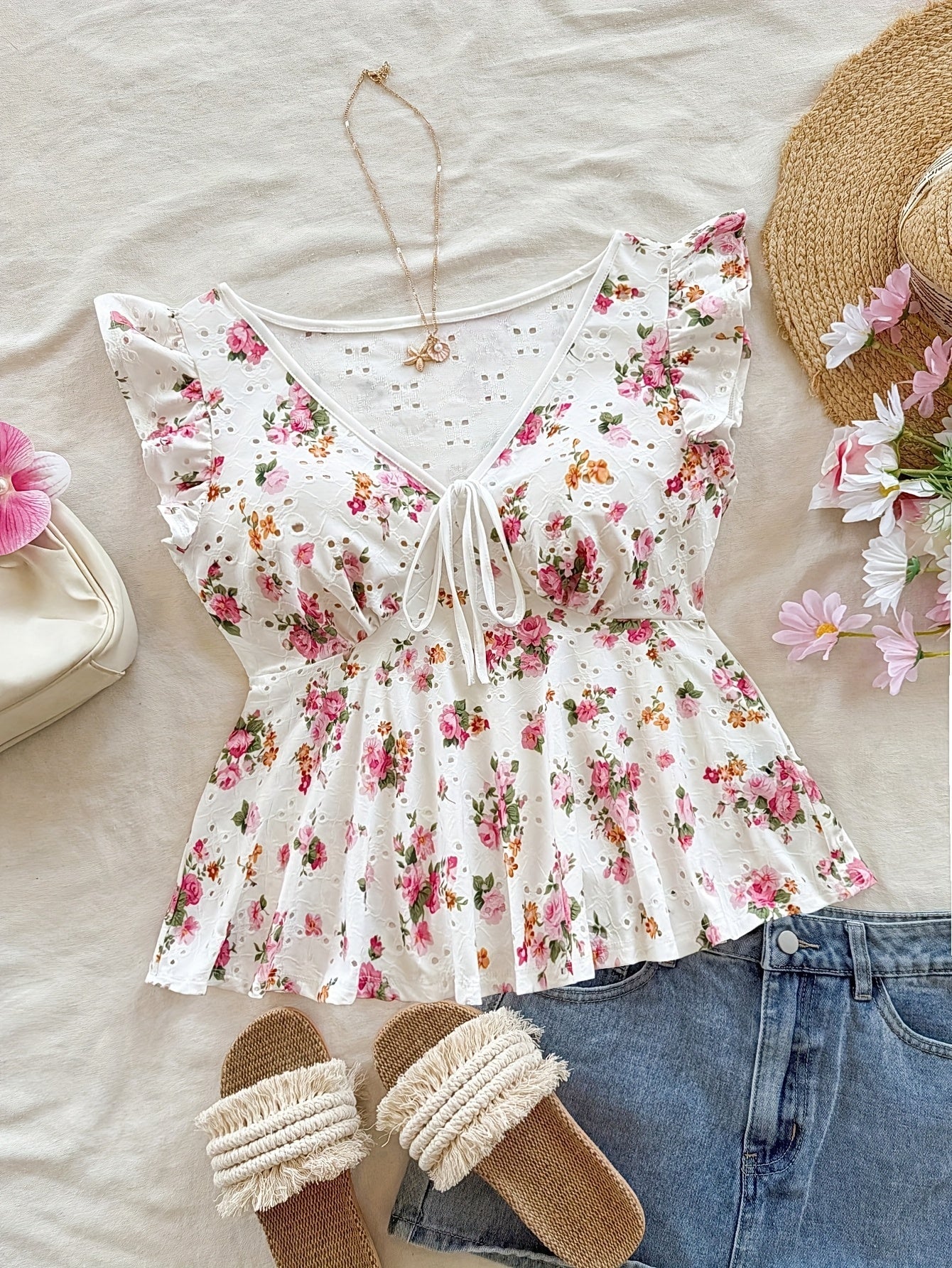 Damen Bluse mit Blumenmuster und Volantärmeln – Romantische Peplum Bluse für Alltag und Freizeit