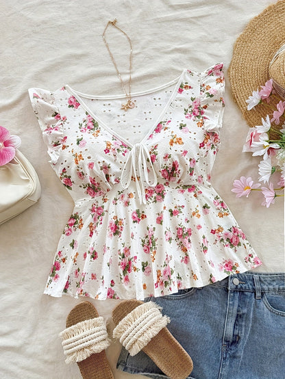 Damen Bluse mit Blumenmuster und Volantärmeln – Romantische Peplum Bluse für Alltag und Freizeit