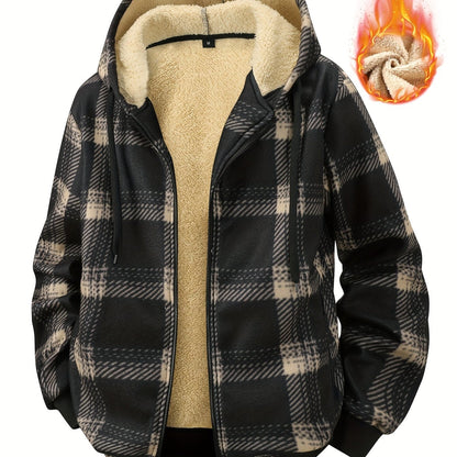 Karierte Kapuzenjacke mit warmem Fleecefutter für Herren, Schwarz-Beige