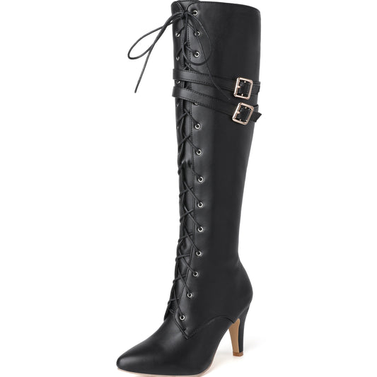 Damen Stiefel Schwarz mit Schnürung, hohem Absatz und Schnallen