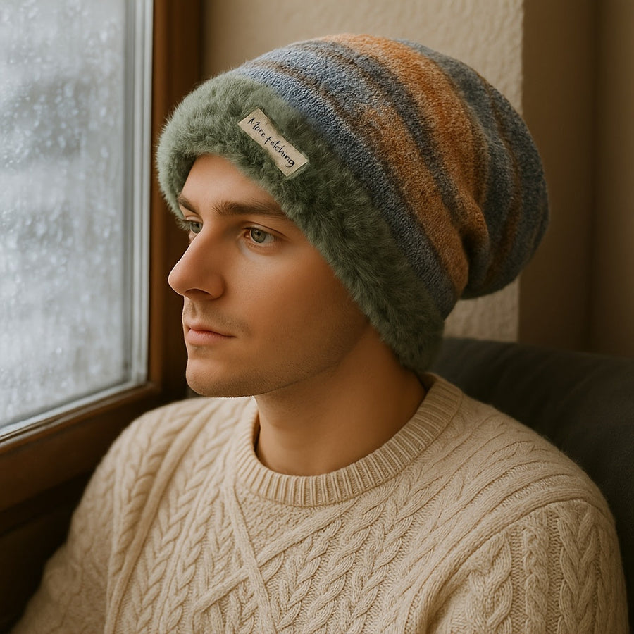 Unisex Beanie Mütze gestreift, weiches Futter, gestrickter Look, slouchy Style