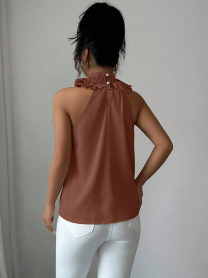 Damen Rüschenbluse mit Stehkragen – Elegante ärmellose Bluse für festliche Anlässe und Büro