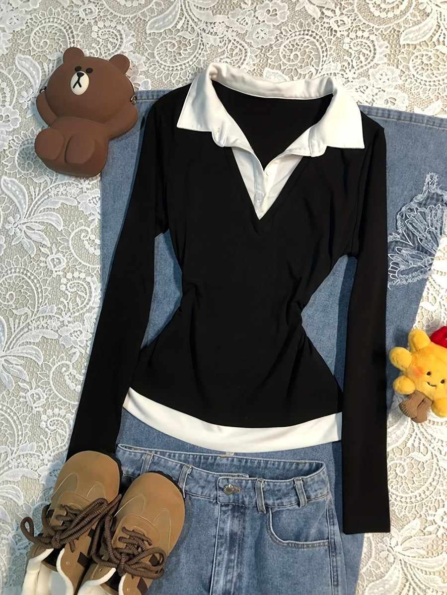 Damen Langarmshirt Schwarz Weiß mit Polo-Kragen