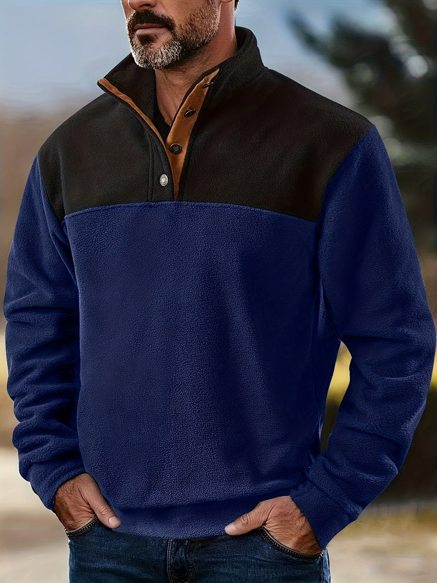 Herren Fleece Pullover mit Stehkragen und Knopfleiste - Zweifarbig