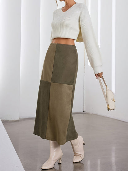 Damen Midi-Rock Patchwork A-Linie Zweifarbig mit hohem Bund