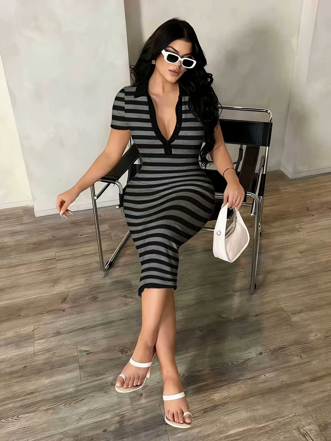 Damen Bodycon Polo-Midikleid mit Streifen – Eleganter Freizeit-Look mit sportlichem Kragen