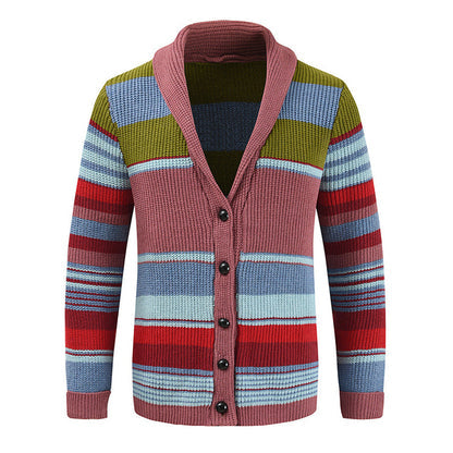 Gestrickter Herren Cardigan mit Schalkragen und Knopfleiste, Querstreifen Muster
