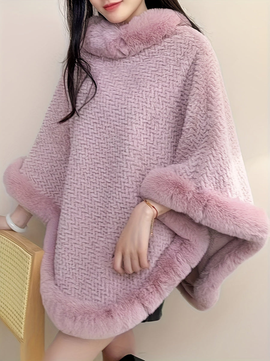 Damen Poncho Kuschelig Weich mit Kunstpelzbesatz Rollkragen