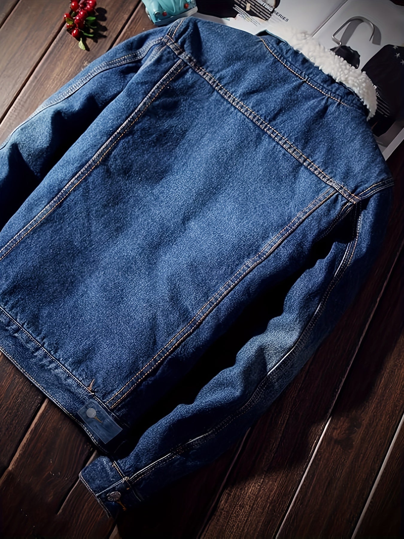 Jeansjacke Herren gefüttert mit Fellkragen Hellblau Winterjacke Baumwoll-Mix