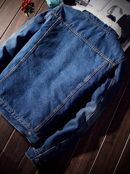 Jeansjacke Herren gefüttert mit Fellkragen Hellblau Winterjacke Baumwoll-Mix