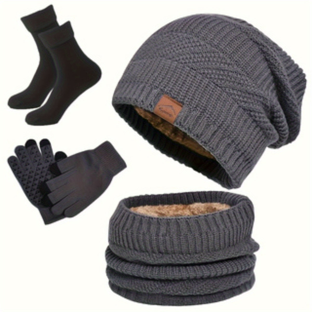 Winter Set 4-teilig Mütze Schal Handschuhe Socken gefüttert Strick warm