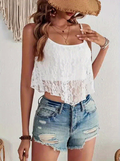 Damen Spitzen-Camisole mit Doppel-Lagen und Spaghettiträgern – Verspieltes Sommer-Top für Freizeit & Strand