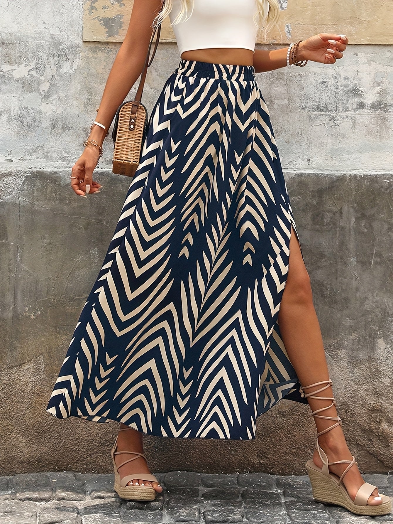 Damen Maxirock mit grafischem Print und Schlitz – Stilvoller Boho-Look für Freizeit und Urlaub