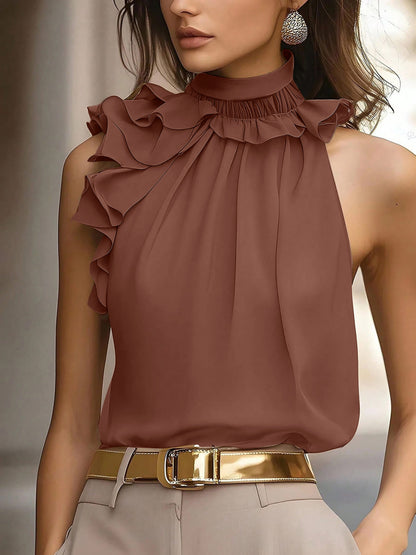 Damen Rüschenbluse mit Stehkragen – Elegante ärmellose Bluse für festliche Anlässe und Büro