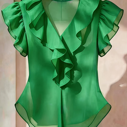 Damen Rüschenbluse mit V-Ausschnitt und Volantärmeln – Eleganter Stil für Büro und besondere Anlässe