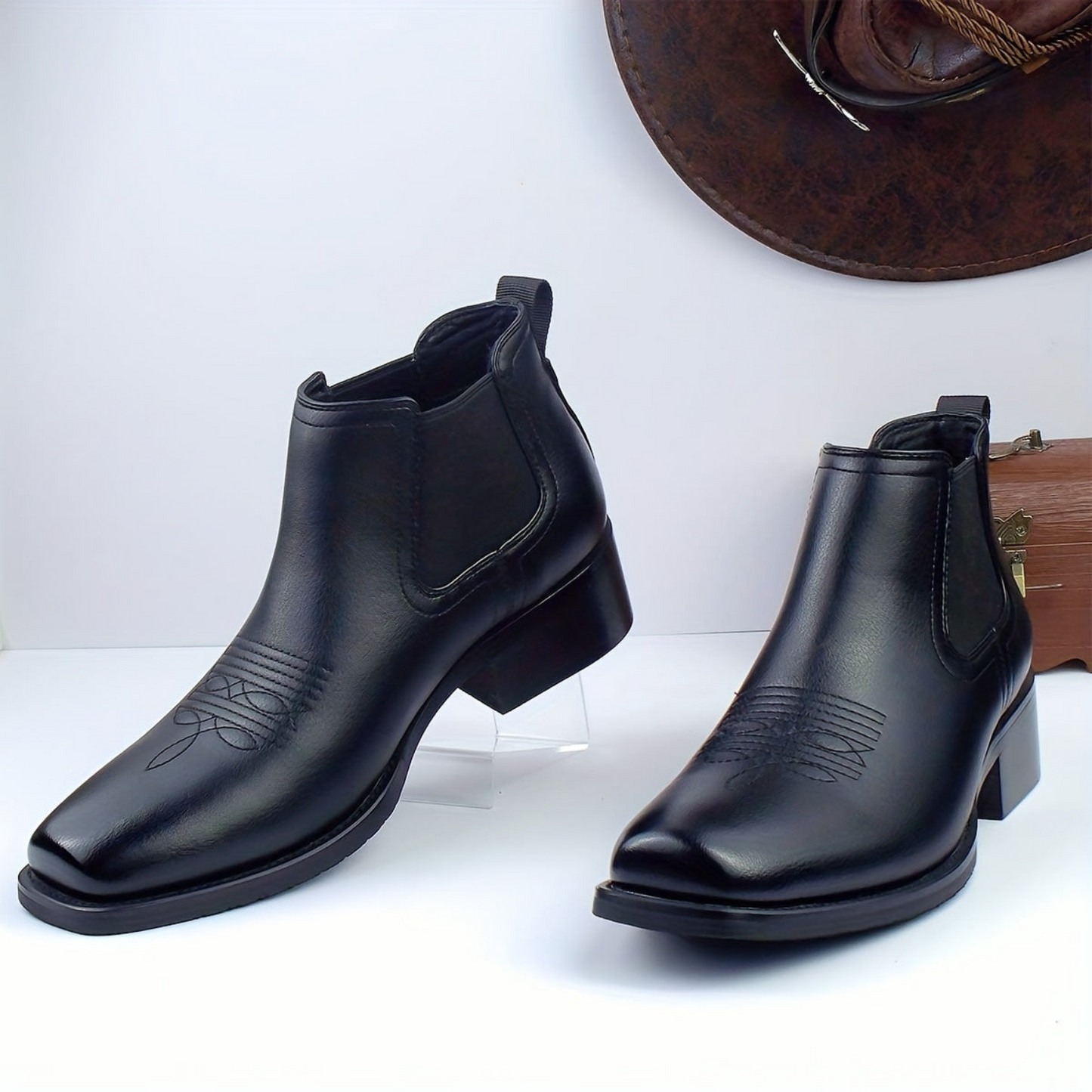 Chelsea Boots mit Western-Stickerei, Blockabsatz und elastischen Einsätzen für Herren