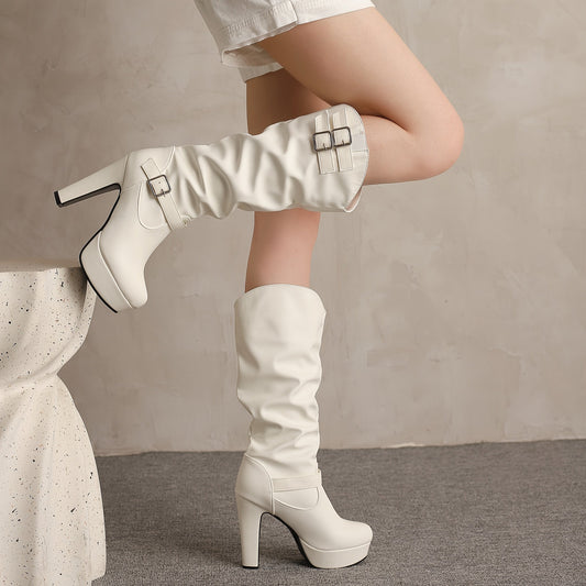 Damen Plateau Stiefel Weiß Kniehoch mit Blockabsatz Schnallen