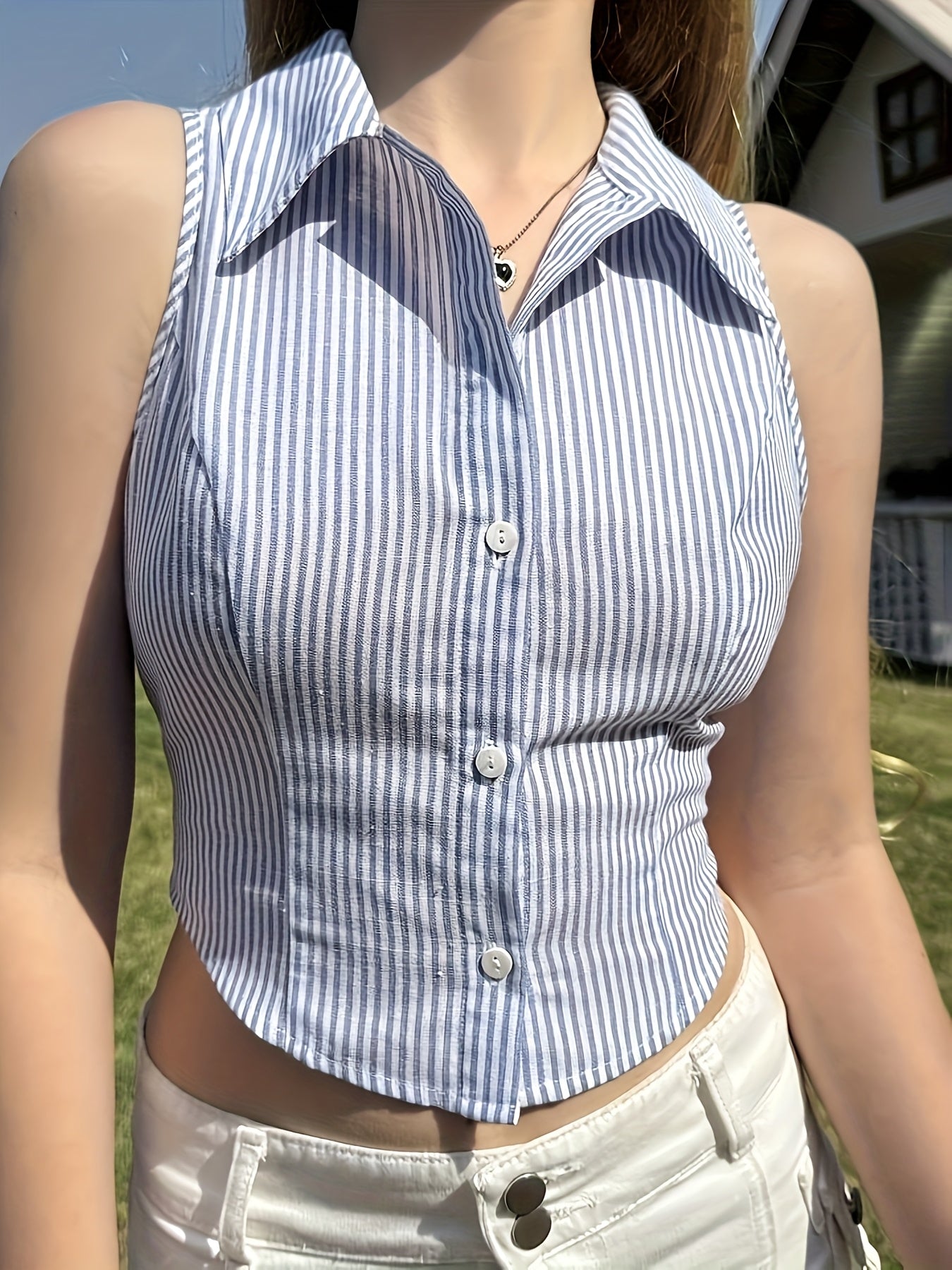 Damen Ärmellose Bluse im Streifen-Look mit taillierter Passform und Kragen – Modisches Business- und Freizeit-Top