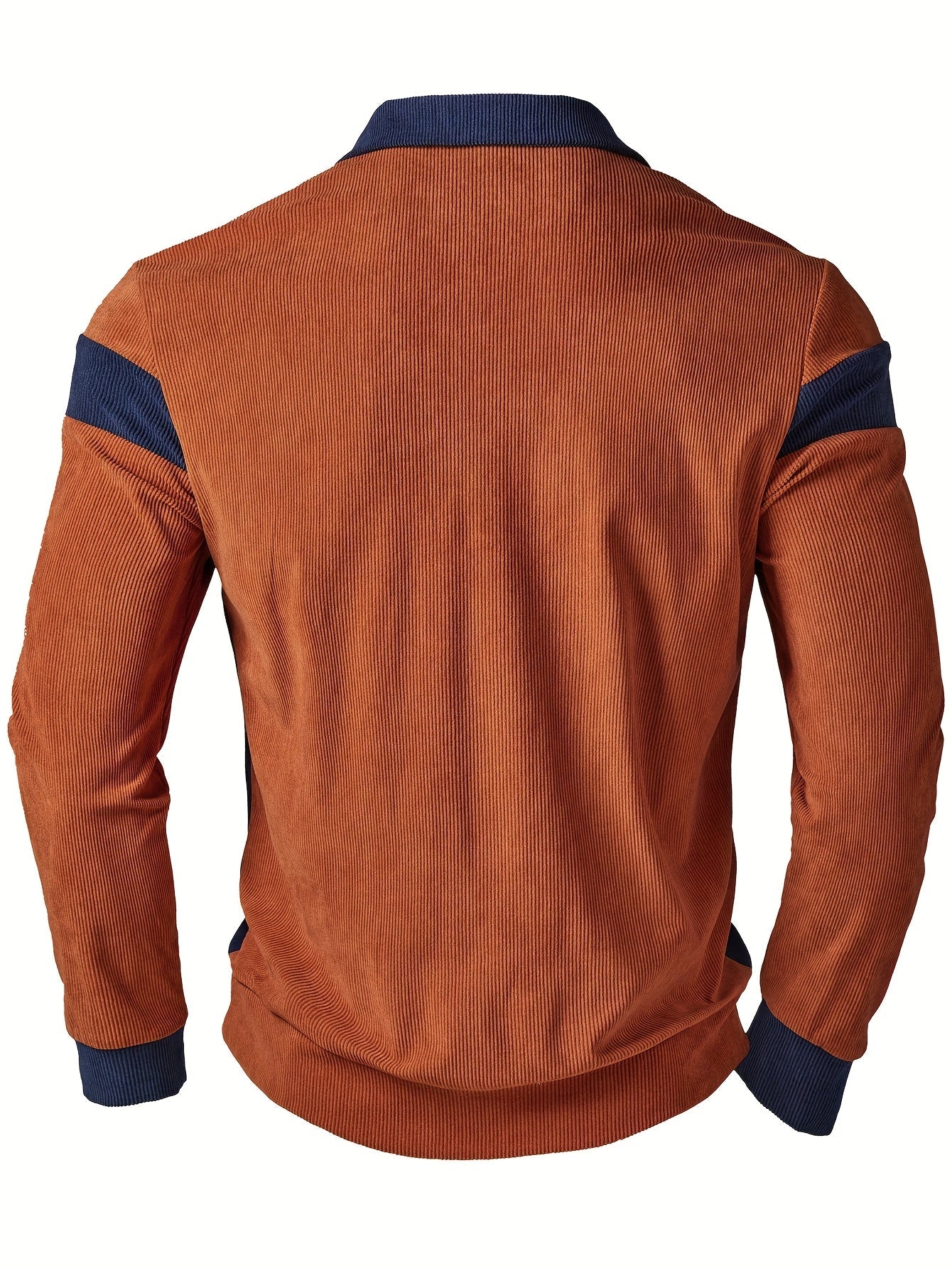 Herren Poloshirt Langarm Gerippt Rostbraun Marineblau Colorblock Freizeithemd mit Knopfleiste & Brusttasche
