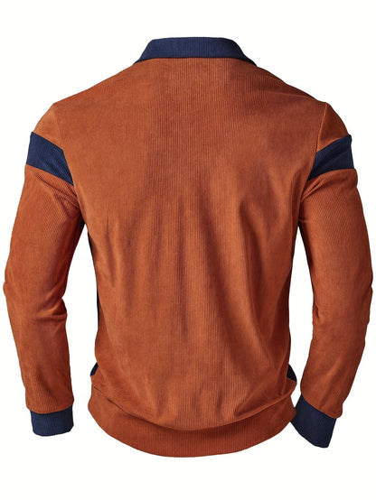 Herren Poloshirt Langarm Gerippt Rostbraun Marineblau Colorblock Freizeithemd mit Knopfleiste & Brusttasche