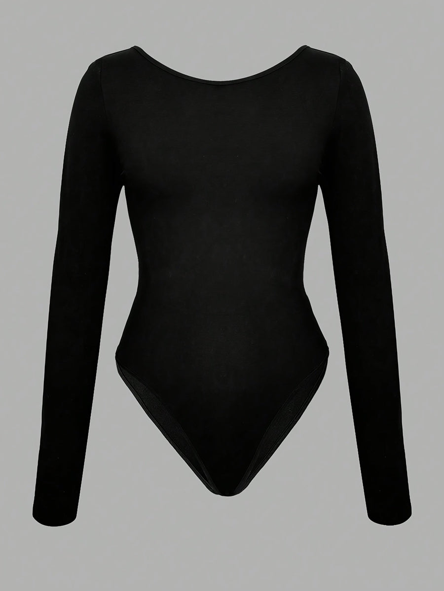 Damen Body Schwarz Langarm mit Weißer Schleife Vorn & Hinten