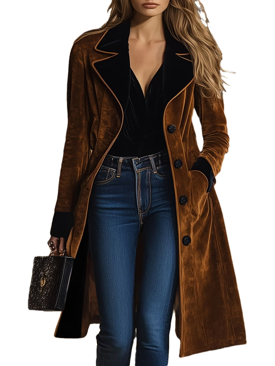 Damen Mantel Samtoptik Braun Schwarz Zweifarbiger Gehrock Langarm