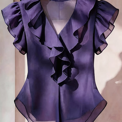 Damen Rüschenbluse mit V-Ausschnitt und Volantärmeln – Eleganter Stil für Büro und besondere Anlässe