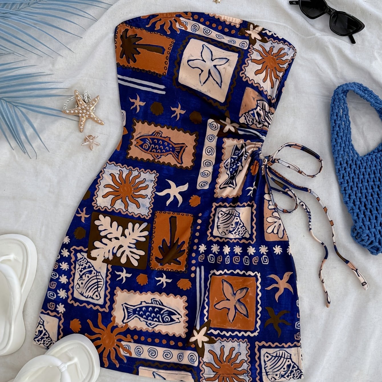 Damen Bandeau Minikleid mit tropischem Print und seitlicher Schleife – Strand- und Urlaubsoutfit