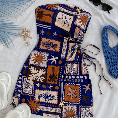 Damen Bandeau Minikleid mit tropischem Print und seitlicher Schleife – Strand- und Urlaubsoutfit