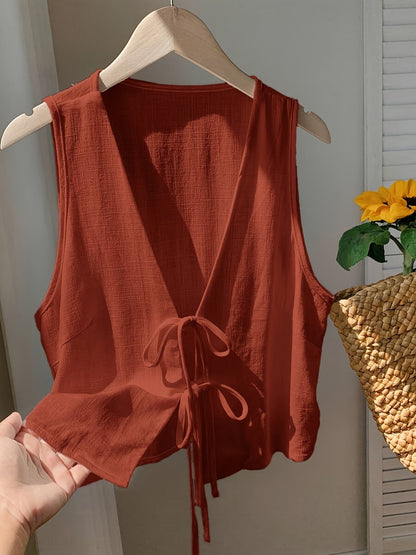 Damen ärmellose Weste mit Schleifen-Detail und V-Ausschnitt – Modische Layering-Weste für Freizeit und Alltag