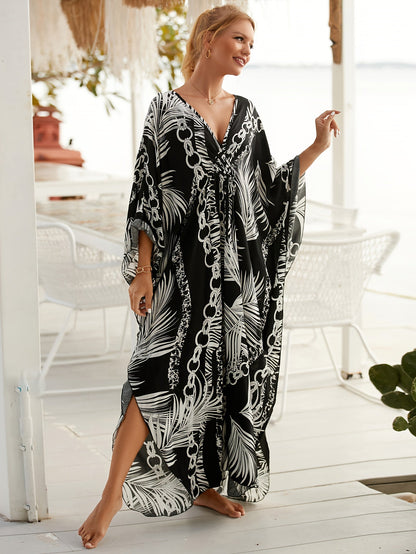 Damen Luxus Kaftan Maxikleid mit tropischem Palmen- und Kettenmuster – Eleganter Strand- und Resort-Style