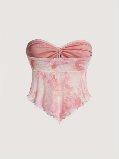 Damen Bandeau-Top mit Schleife und Wasserfarben-Design – Modisches Party- und Ausgeh-Oberteil