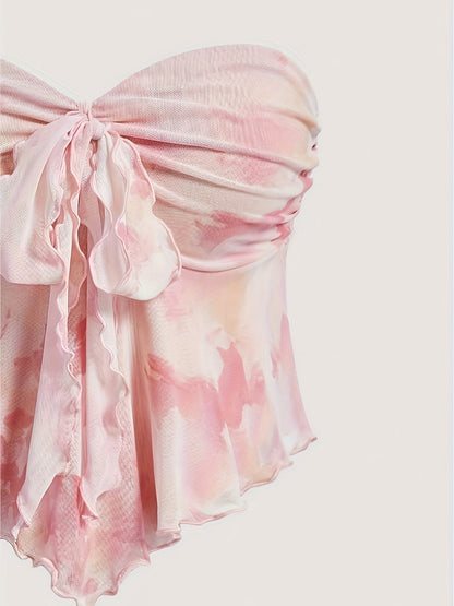 Damen Bandeau-Top mit Schleife und Wasserfarben-Design – Modisches Party- und Ausgeh-Oberteil