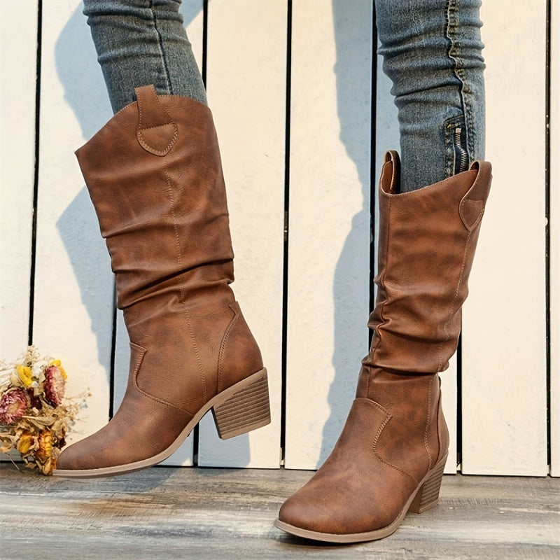 Damen Western Stiefel mit Blockabsatz und gerafftem Schaft