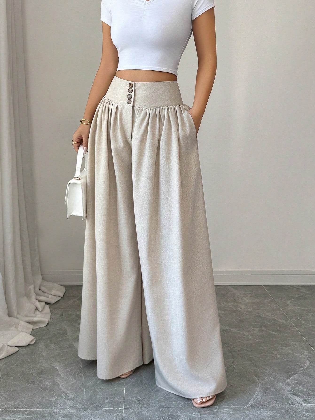 Damen Weite Palazzo-Hose mit High Waist und Knopfdetails – Elegante Freizeit- und Ausgeh-Hose