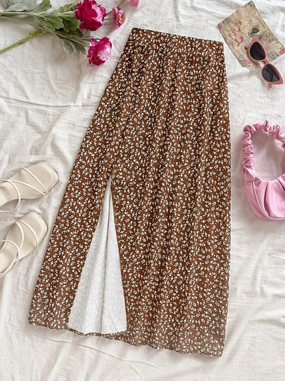 Damen Midi-Rock mit Blumenmuster und Schlitz – Eleganter Freizeitrock für Alltag & Ausgehen
