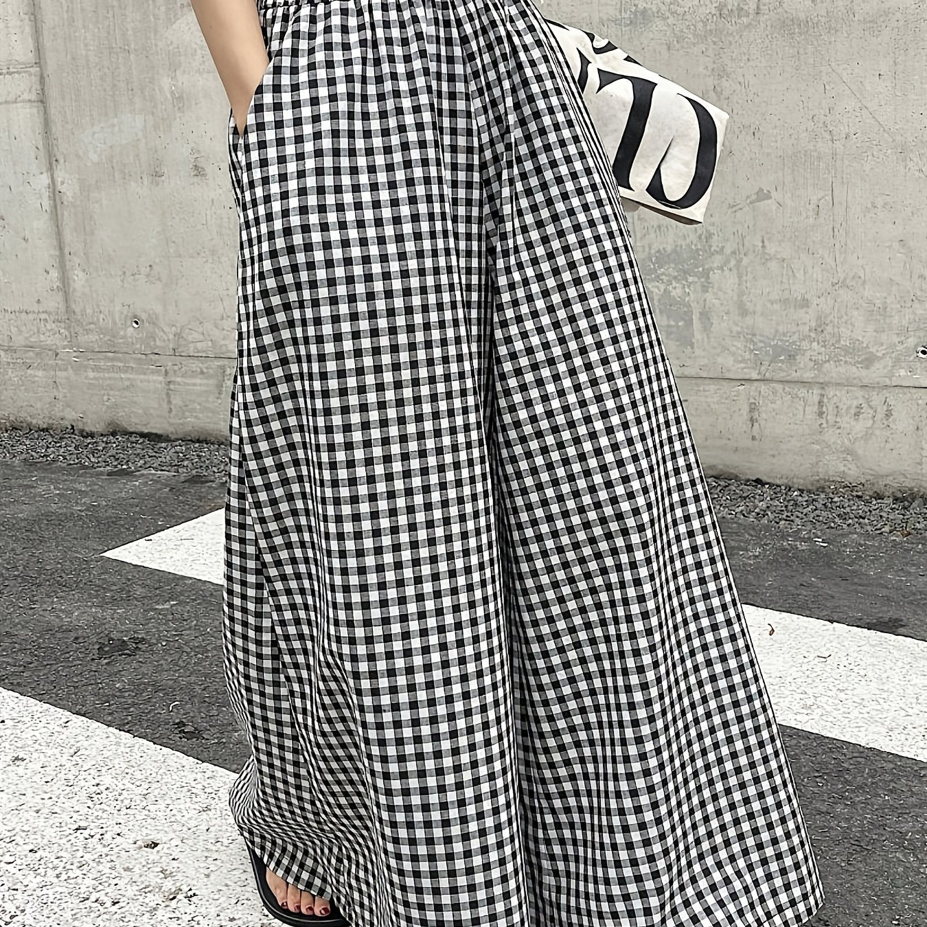 Damen Weite Hose mit Karomuster und hohem Bund – Stilvolle Freizeithose für Alltag & Ausgehen