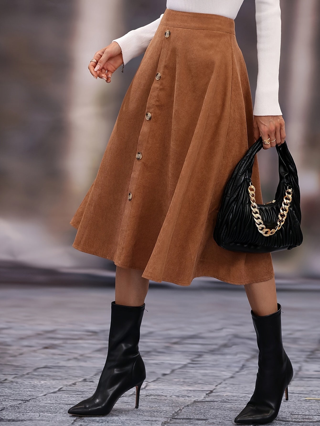 Damen A-Linien Rock Midi mit Knopfleiste Hoher Taille Braun