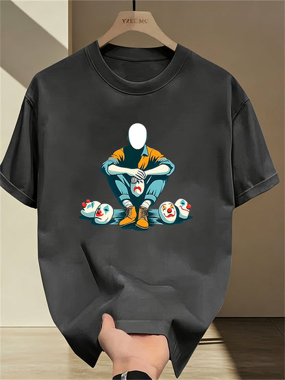 Herren T-Shirt mit künstlerischem Print – Abstrakte Figur und Clownsmasken, Modernes Streetwear Design