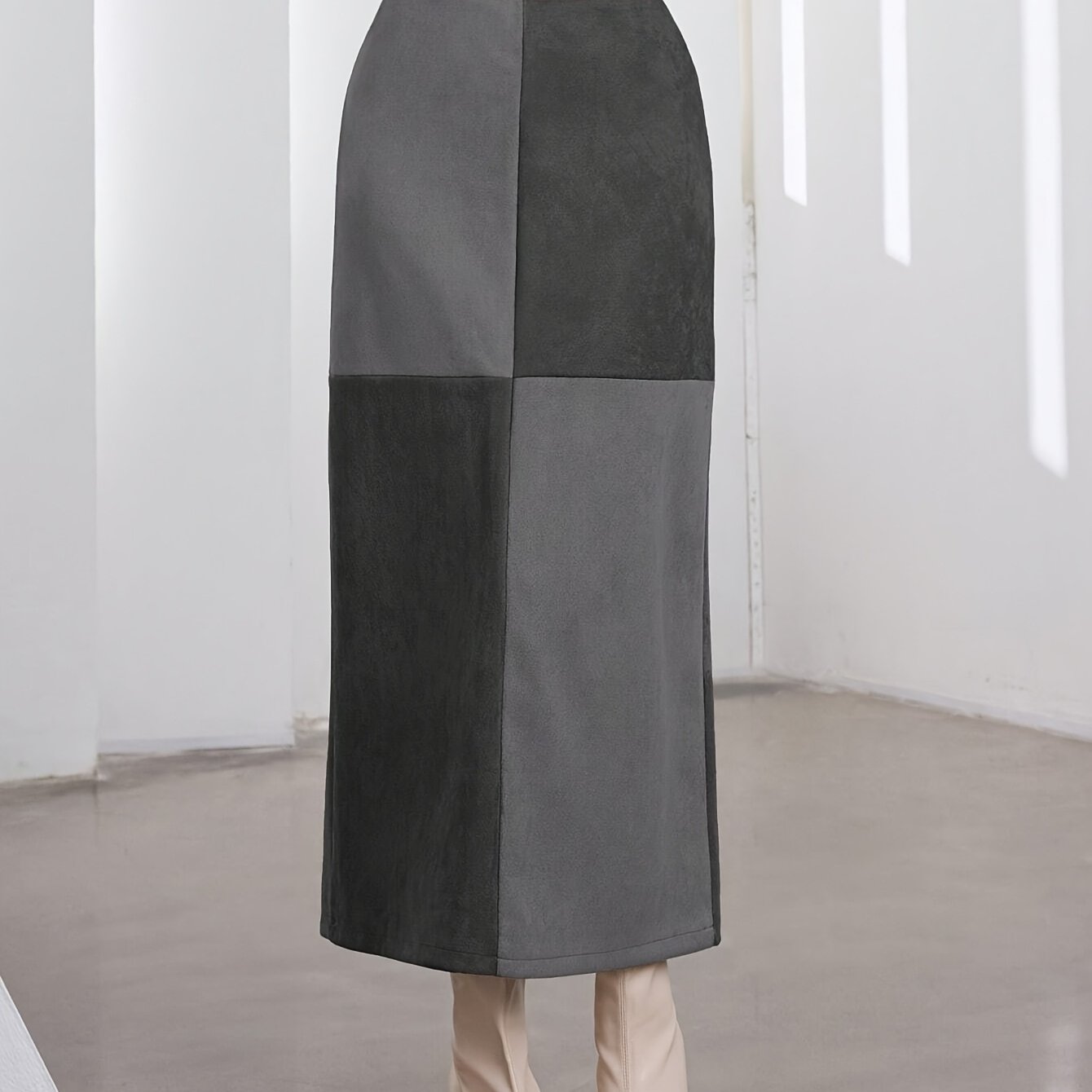Damen Midi-Rock Patchwork A-Linie Zweifarbig mit hohem Bund