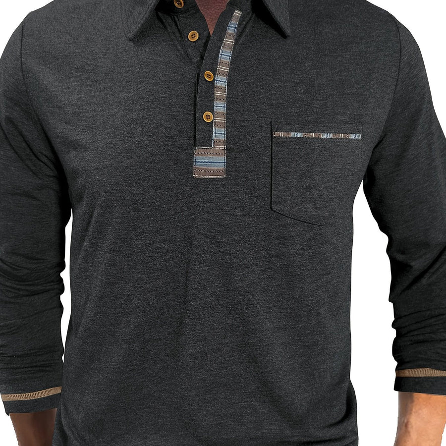 Herren Langarm Poloshirt mit Knopfleiste und Brusttasche