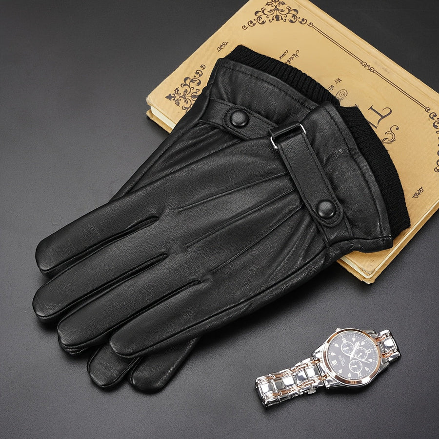 Schwarze Handschuhe mit Strickbündchen und Riemenverschluss