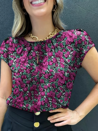 Damen Bluse mit floraler Musterung und kurzen Ärmeln – Eleganter, vielseitiger Style für Büro und Freizeit