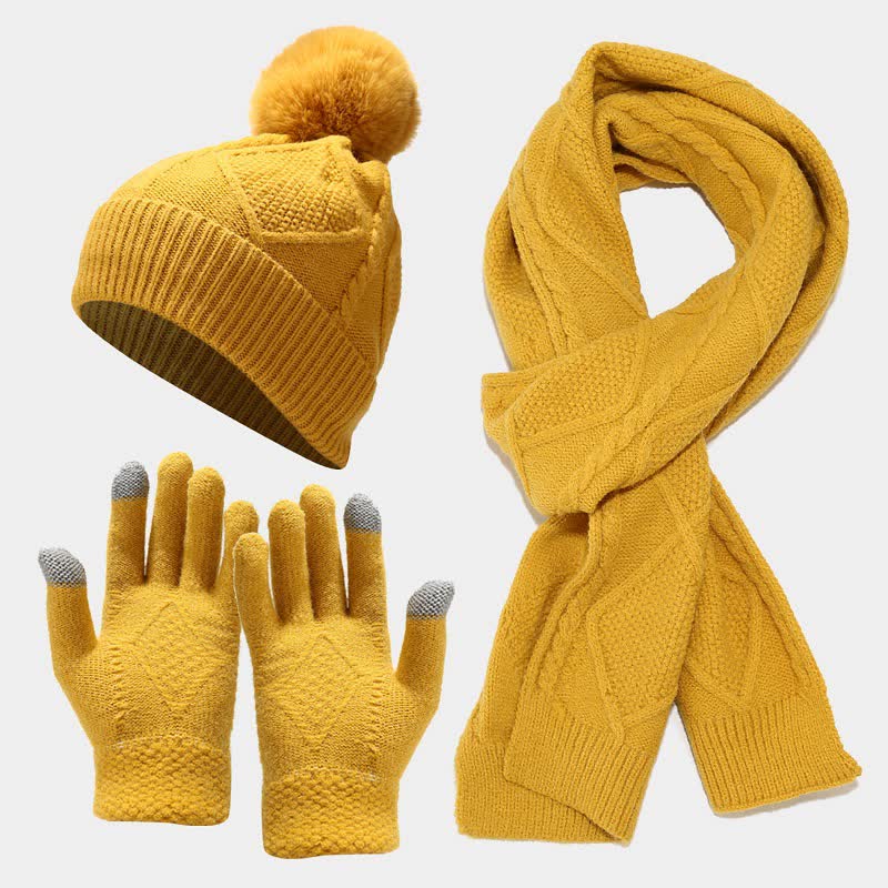 Wintermutsenset met gebreid patroon, pompon, sjaal en touchscreenhandschoenen